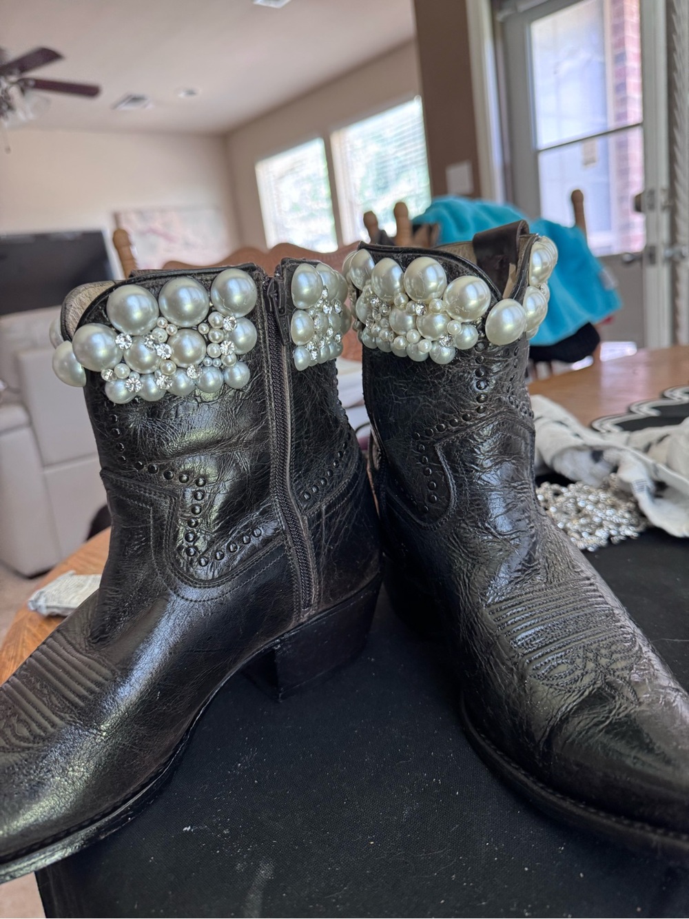 Pearl Black Leather Heeled Boots with Pearl and rhinestone Embellishment - Picture 2 of 6
